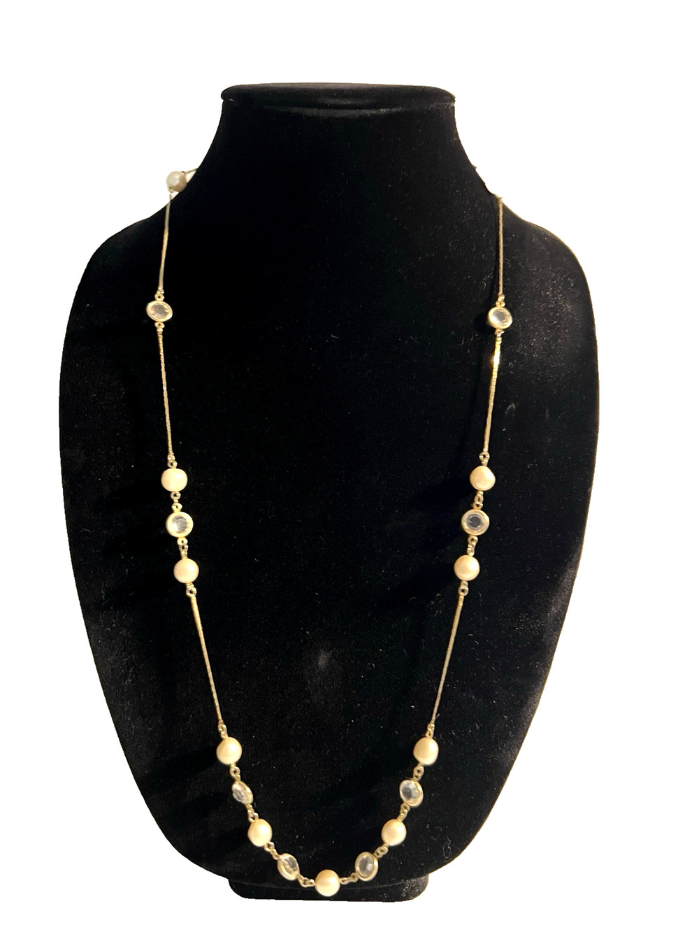 Faux Pearl Necklace "Pools of Light" Bezel Crystal Long Gold Plated Vintage
